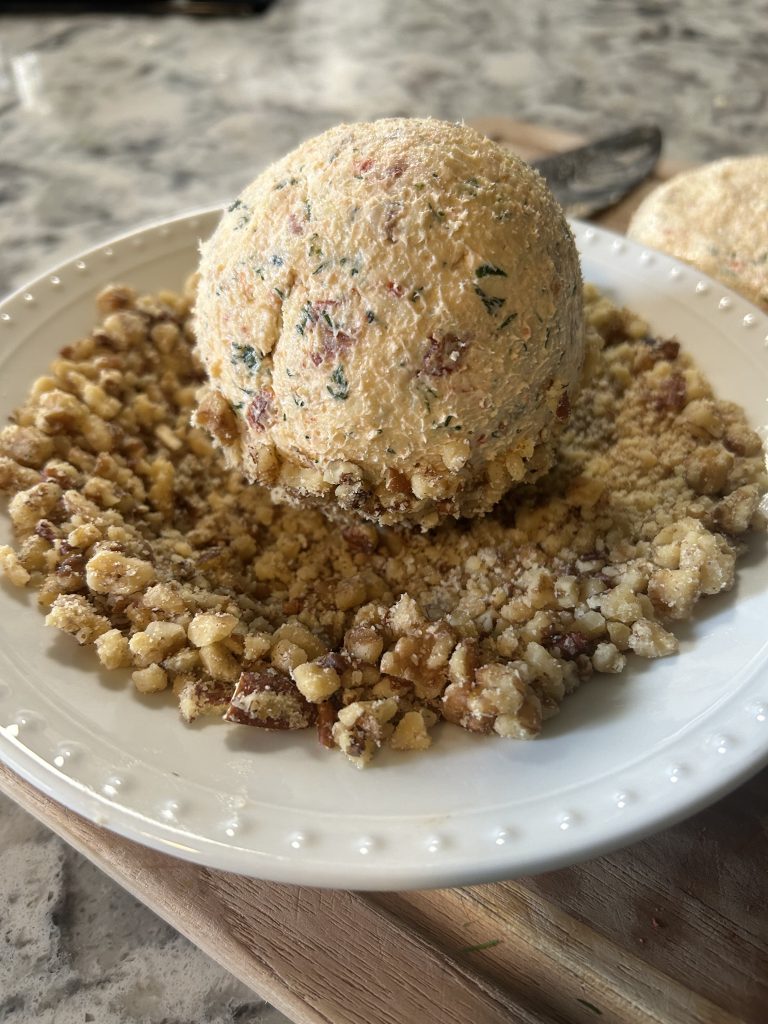 homemade cheese ball in walnuts